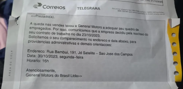 GM realiza demissão em massa por telegrama em São José dos Campos, Mogi das Cruzes e São Caetano do Sul