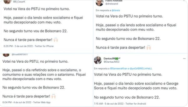 Robôs com perfis falsos no Twitter falam sobre voto na Vera (PSTU) e mudança para Bolsonaro no segundo turno